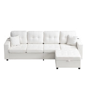 Divano angolare 4 posti con contenitore; USB e LED; pouf modulare in tessuto beige