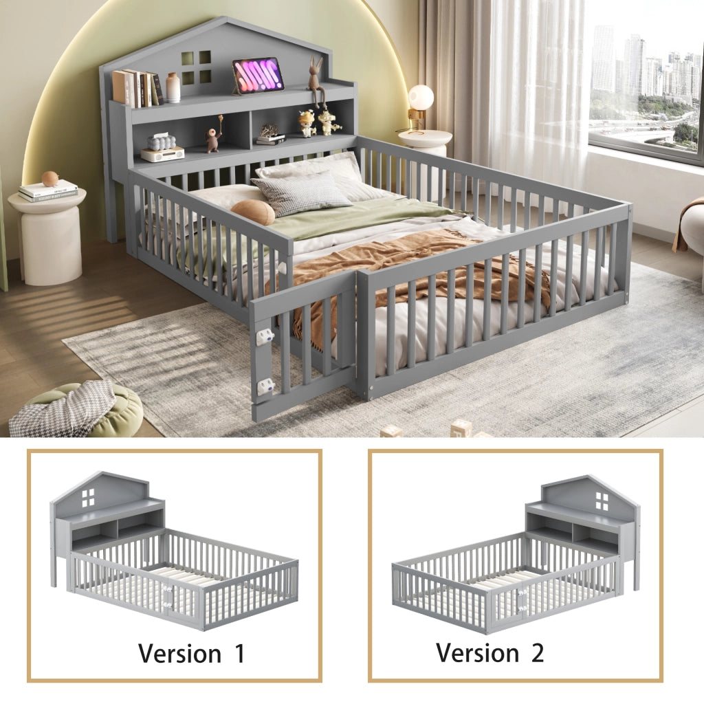 Letto per bambini grigio in legno massello con funzione casa 140x200 cm