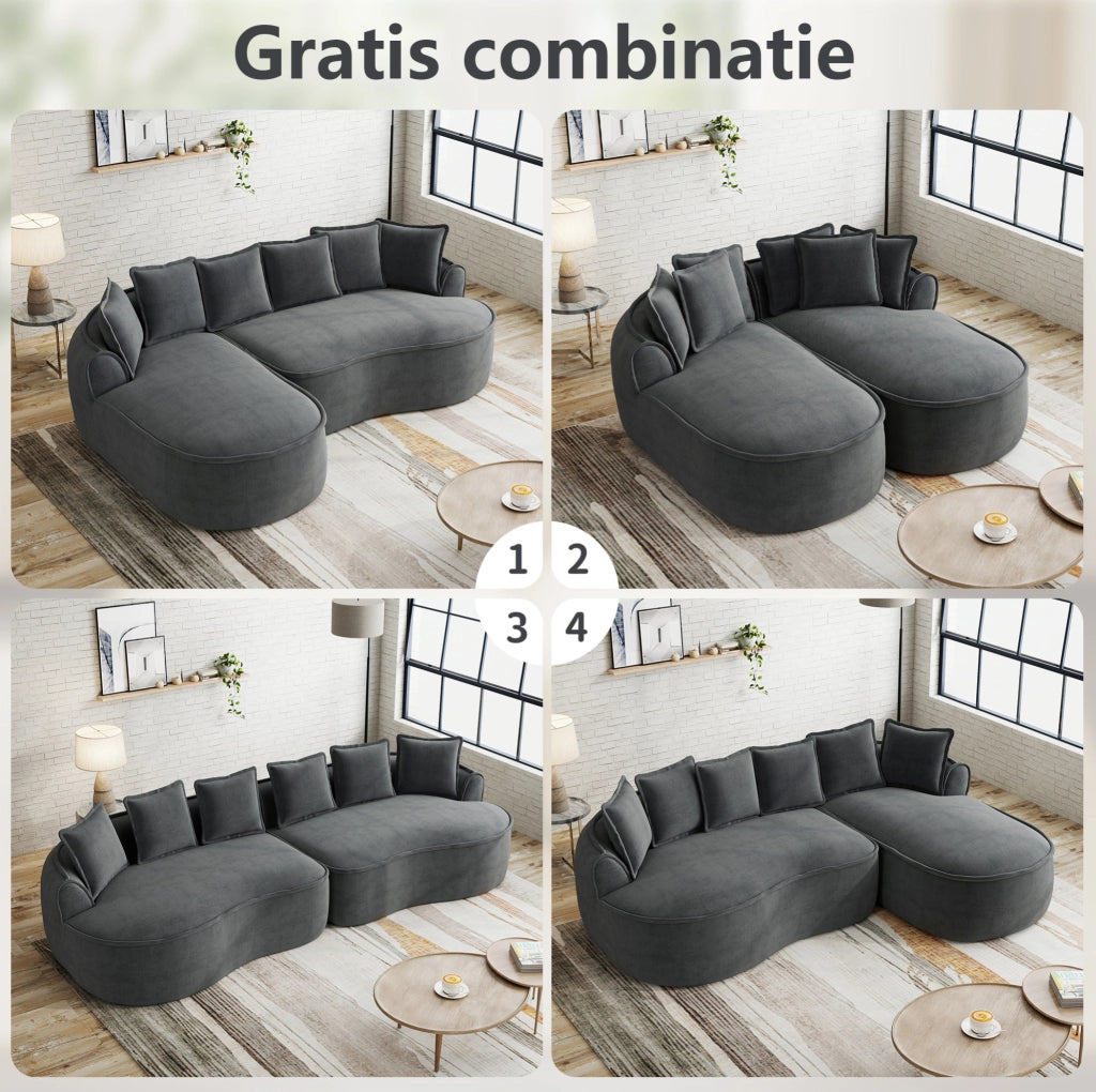 Divano modulare doppio in chenille grigio senza telaio con chaise longue extra larga e cuscini inclusi
