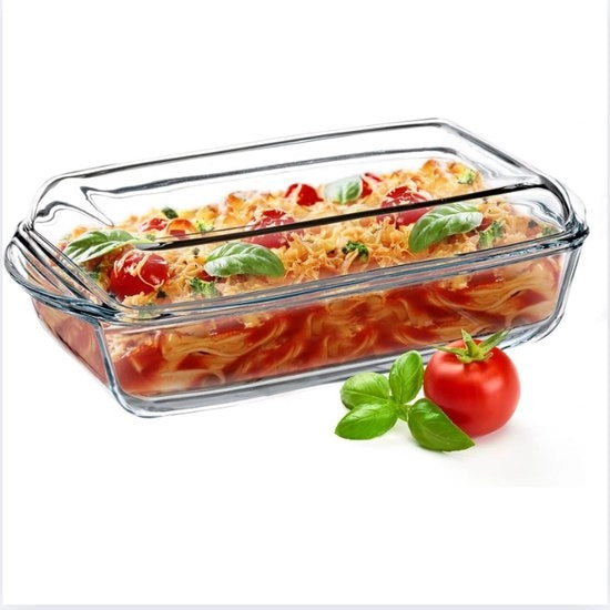 Scheda per forno in vetro resistente al calore Piatto anti-fuoco con coperchio e maniglie Servizio per forno a microonde Forno elettrico per lasagna Carne In vetro trasparente (rettangolare, 3,95 l)