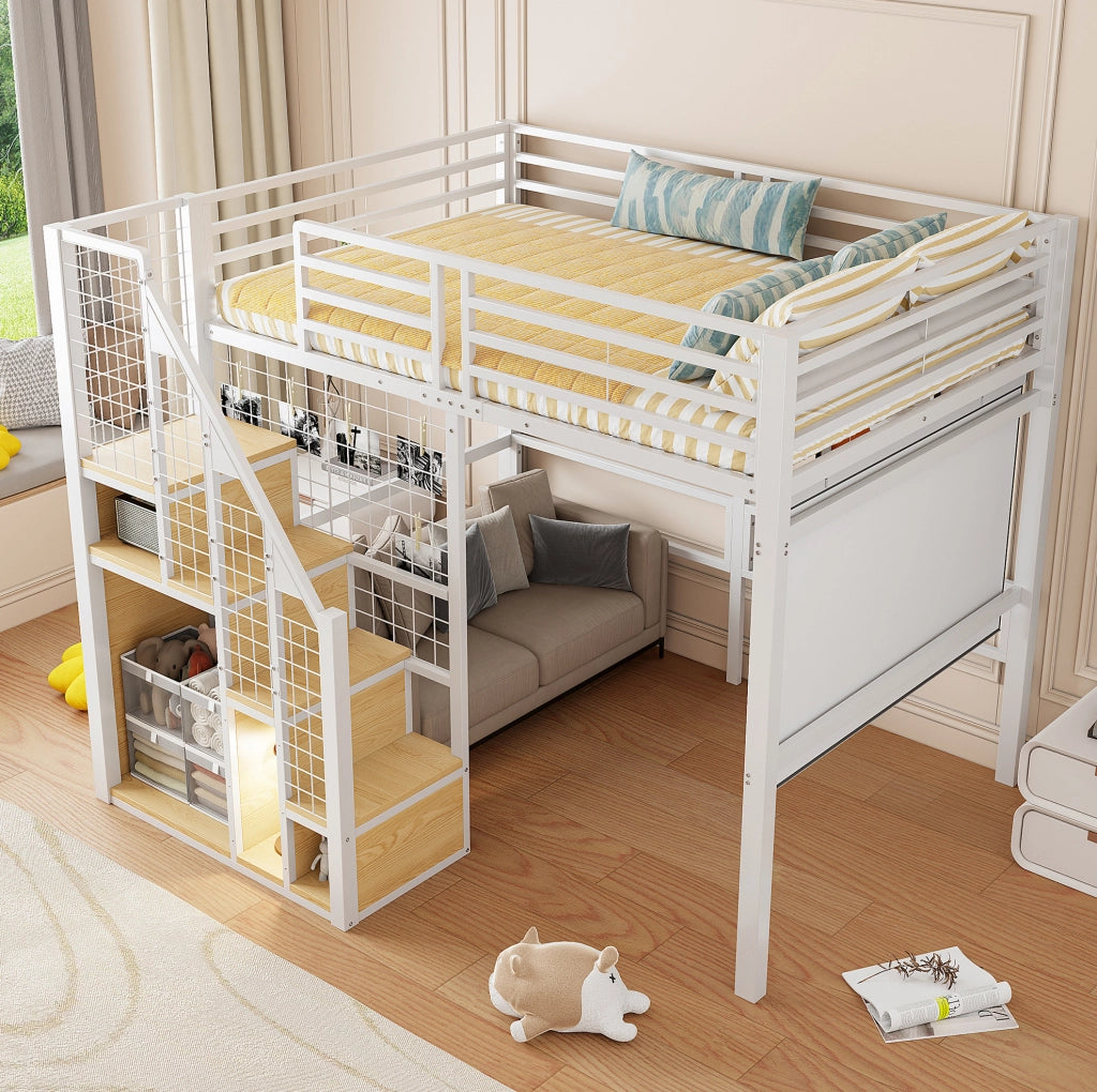 Letto a soppalco 140 x 200 cm bianco in metallo e MDF con scala e vano guardaroba