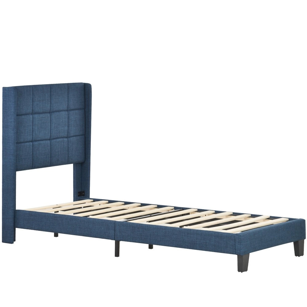 Letto Singolo Imbottito con Testiera e Rete a Doghe ¨C MINIMAL ¨C 90x200 Blu Lino con Materasso