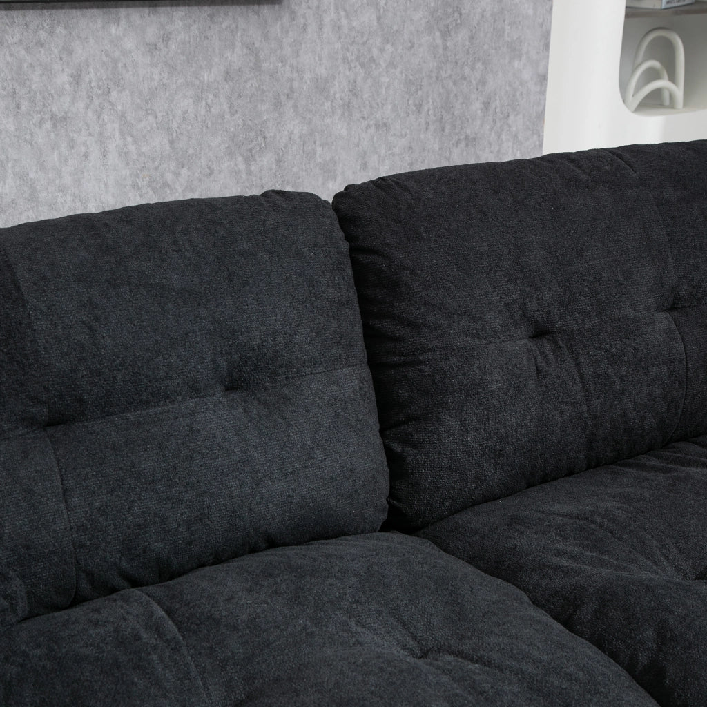 Set di divani 1 posto e 2 posti in cheniglia nera con sedute profonde memory foam e cuscini decorativi