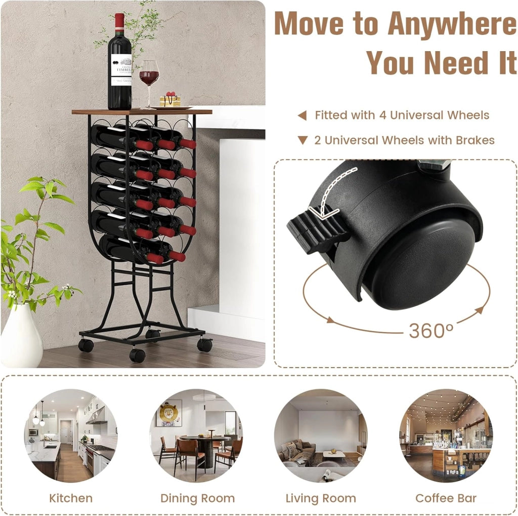 Portabottiglie per Vino per 14 Bottiglie con Ruote Bloccabili, Scaffale per Vino, Organizer per Bottiglie in Stile Rustico, per Bar, Cucina, Sala da Pranzo, 38 x 30 x 76 cm