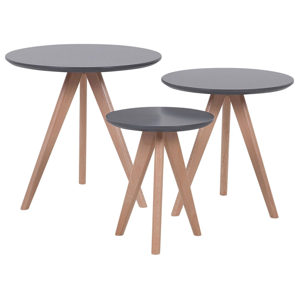 Nido di 3 tavoli con base per treppiede in legno chiaro con piano grigio in stile scandinavo