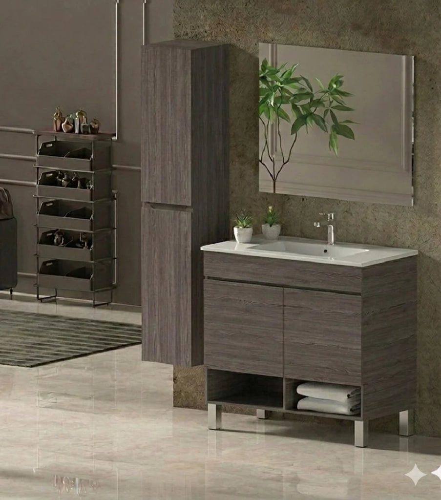 Mobile Bagno NEBARI com gambe Già Montato 2 portas, lavabo e specchio Rovere affumicato 50x40 cm con colonna