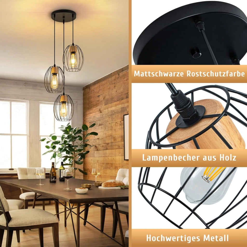 Lampada a sospensione ZMH in metallo nero E27 con 3 luci vintage altezza regolabile lampadina non inclusa
