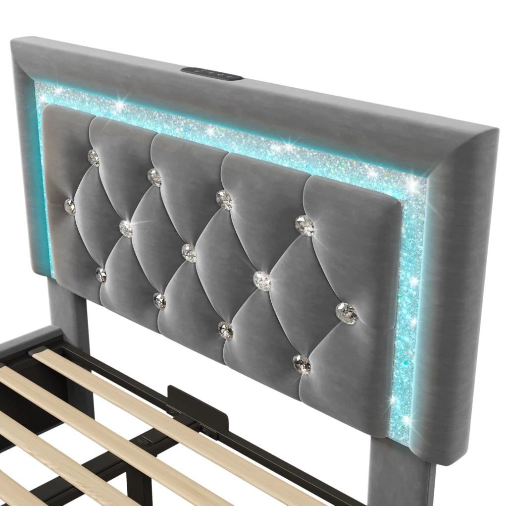 Letto singolo 90x200 cm in velluto grigio con LED; presa USB e Type-C; contenitore e materasso