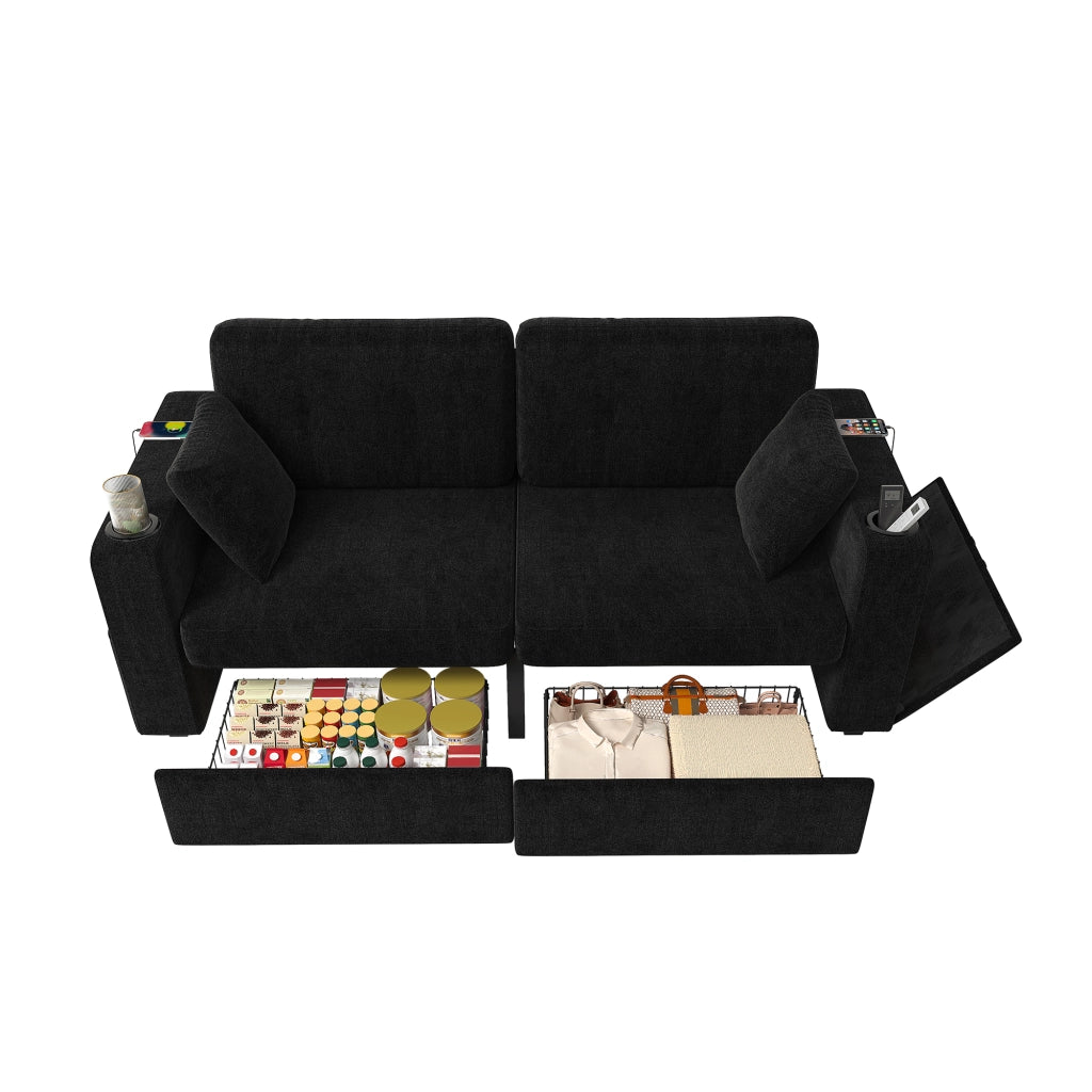 Divano a 2 posti con cassetti contenitore, portabicchieri e tasche laterali in ciniglia nera 172 × 75 × 82 cm