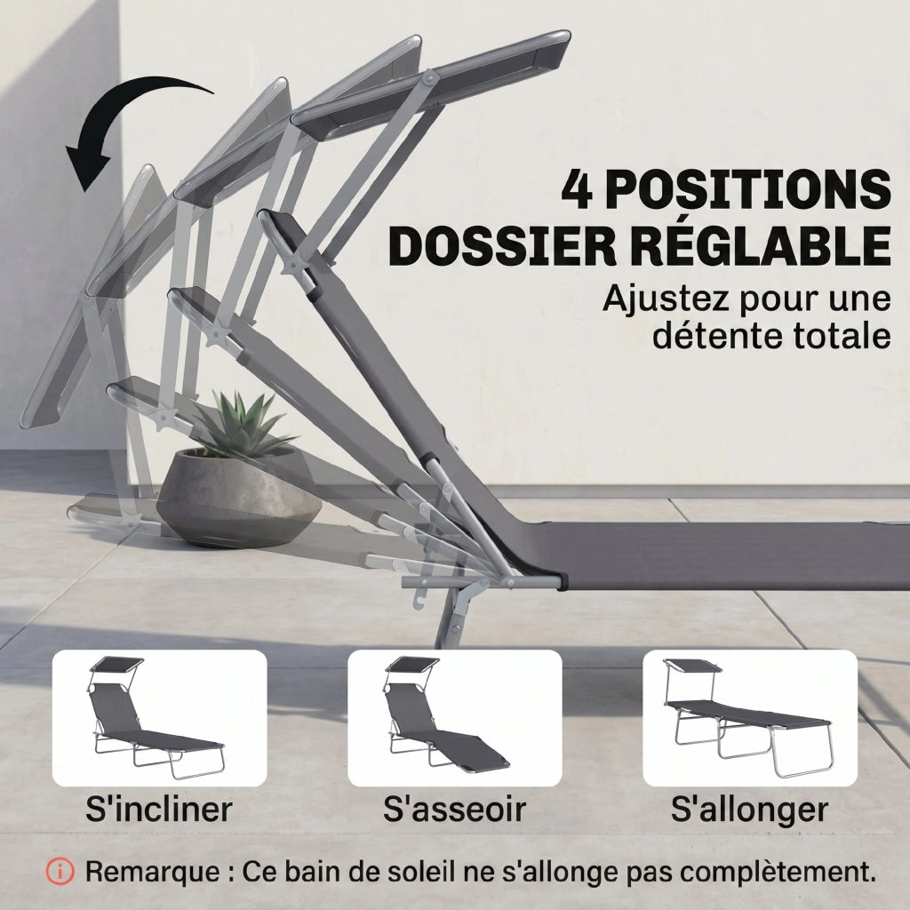 Poltrona da giardino reclinabile ¨C zephmum ¨C 187x58x36 cm grigio