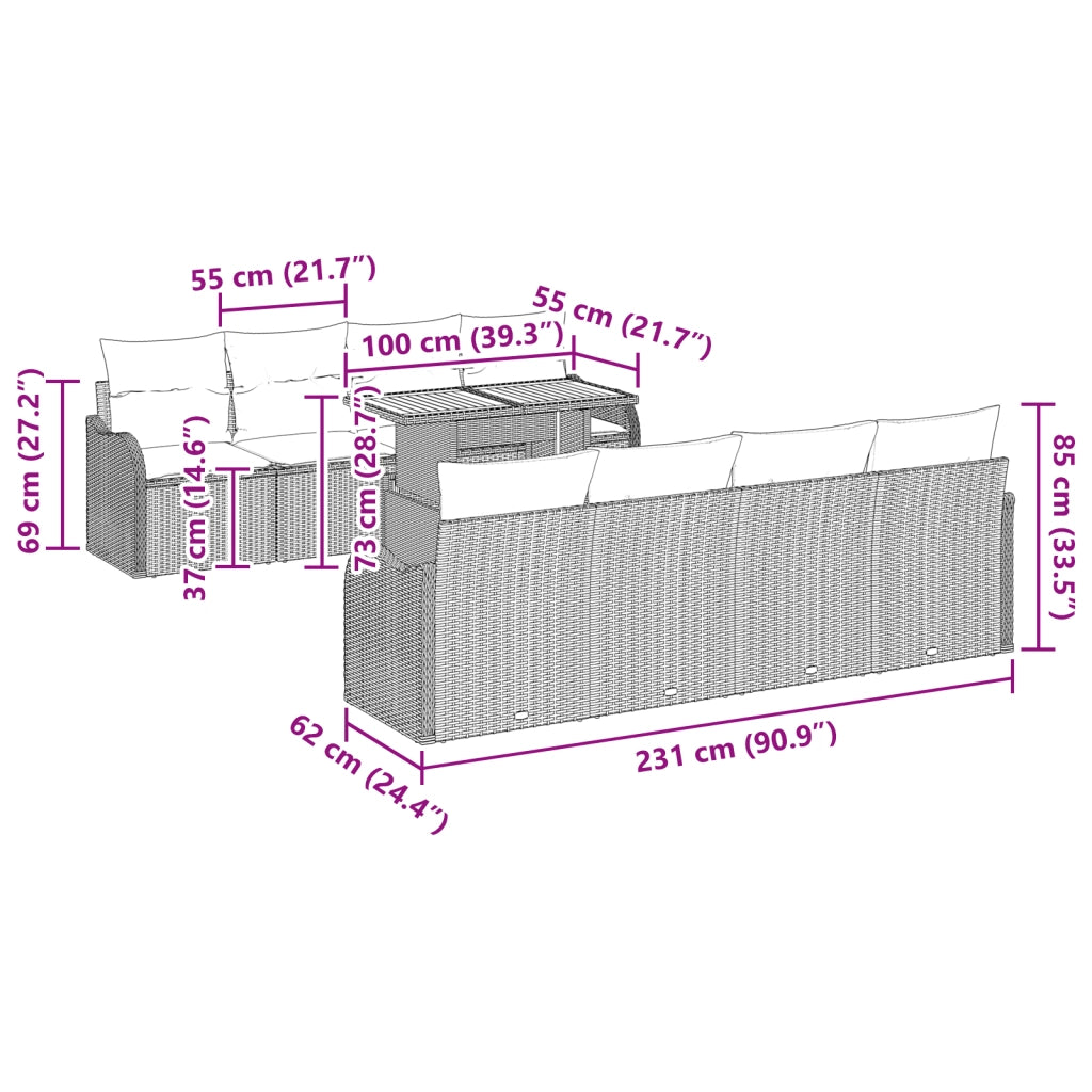 Set Divano da Giardino vitaXL 9 Pezzi con Cuscini Beige Rattan PE