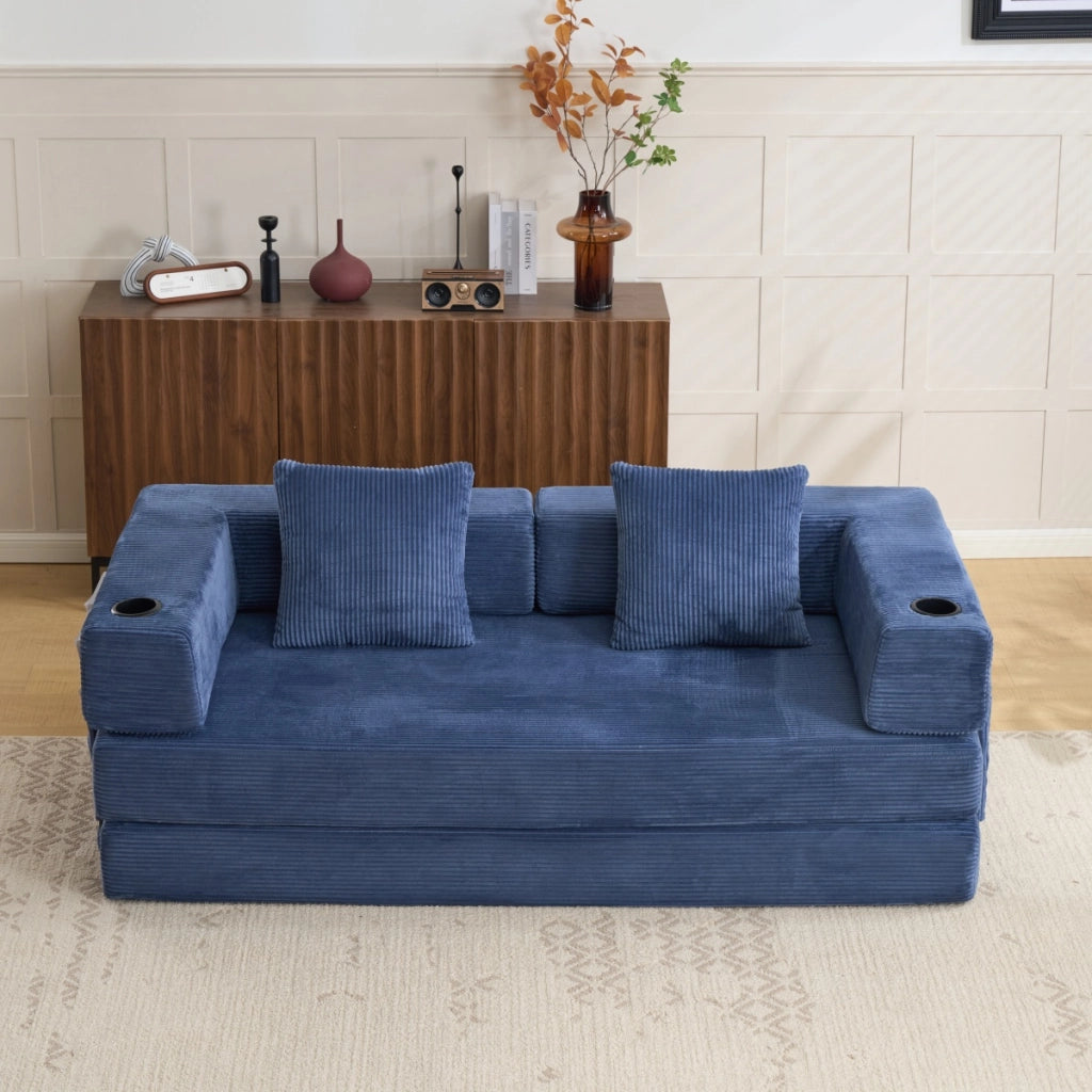 Divano letto pieghevole convertibile in velluto a coste con braccioli, tasche laterali e portabicchieri, blu scuro