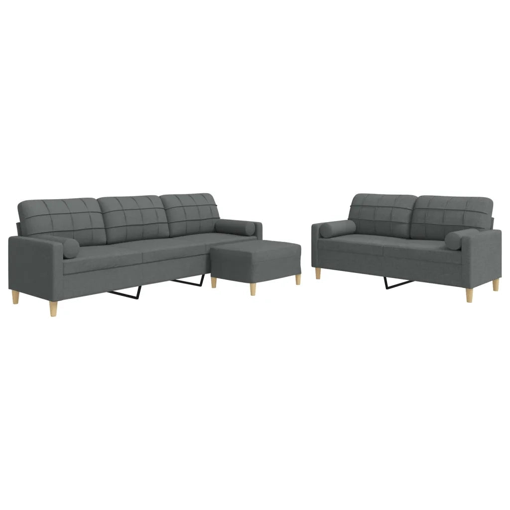 Set Divani 3 pz con Poggiapiedi e Cuscini Grigio Scuro Tessuto