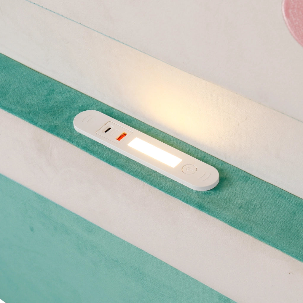 Letto imbottito 90x200 cm con lampada LED; USB e cassetto in velluto blu-verde