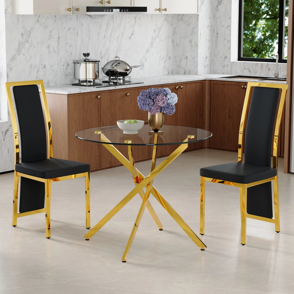 Set tavolo da pranzo e sedie con 1 tavolo rotondo e 2 sedie in vetro temperato; PU e metallo nero e oro