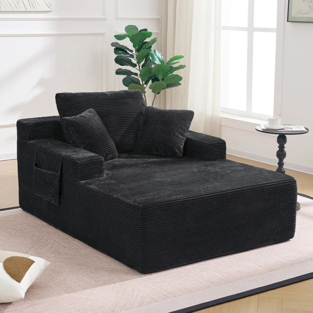 Divano in velluto a coste con tasche laterali e cuscini morbidi, design retrò, struttura stabile, nero