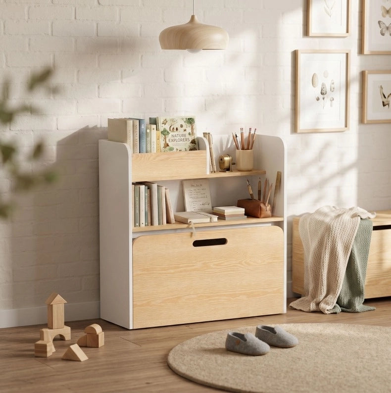 TAVOLO bambini 5 in 1 con libreria e panca rollabile bianco