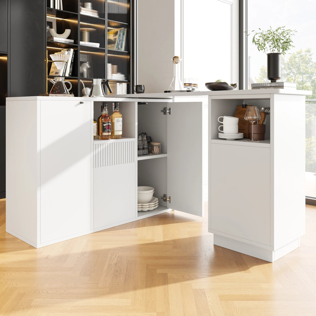 Mobile Bar Girevole a 360° con Vani Aperti e Chiusi; Piano Effetto Marmo; in MDF; 210x30x100;9 cm; Bianco