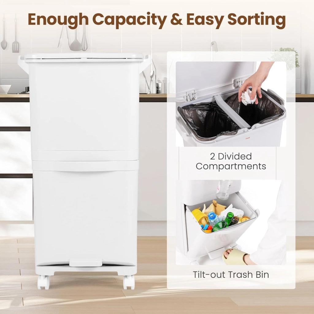 Pattumiera 2 Scomparti 40L, con Pedale, Ruote e Coperchio, Contenitore per Rifiuti Inclinabile, Sistema di Raccolta Differenziata per Cucina (40 L)