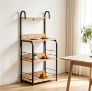 Scaffale da cucina a 4 livelli con ganci, ripiani e vassoio, nero effetto legno