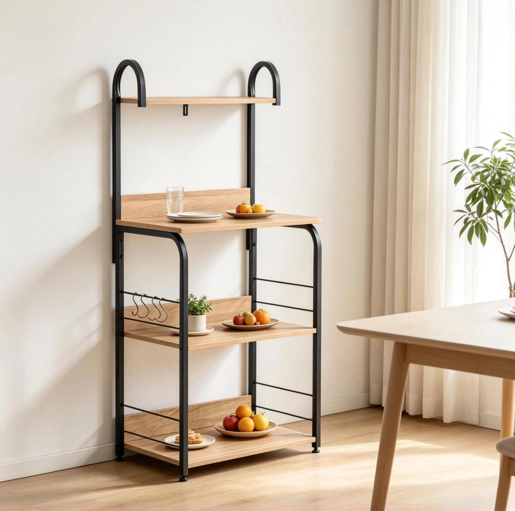 Scaffale da cucina a 4 livelli con ganci, ripiani e vassoio, nero effetto legno