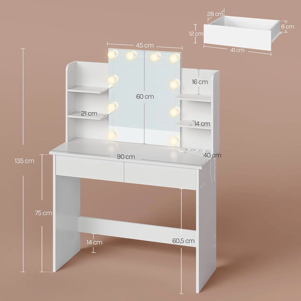 Toeletta da Trucco con Specchio LED, con 2 Prese di Corrente, Postazione Trucco con 2 Cassetti 4 Ripiani, Bianco, 90x135x40 cm, MB6123ws
