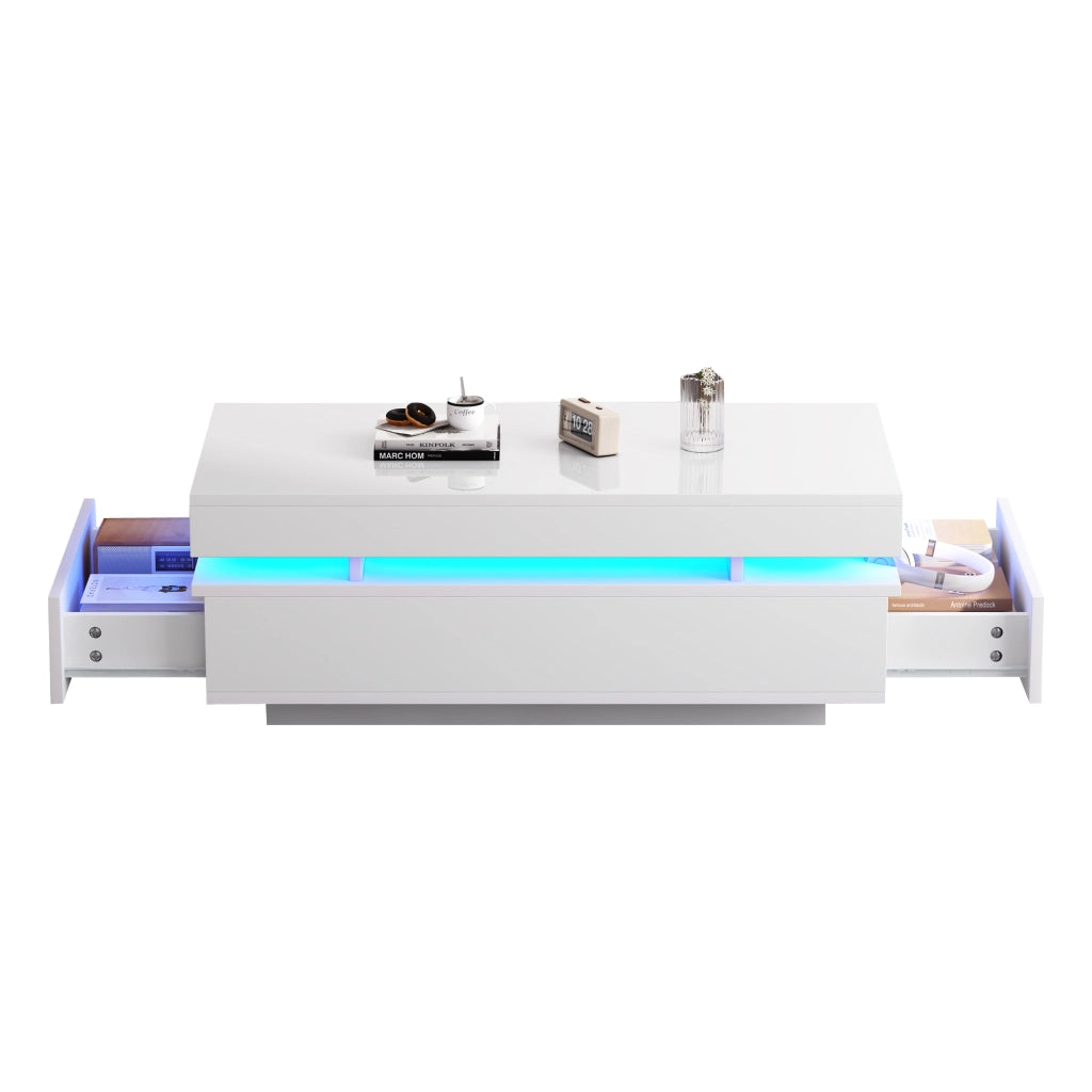 Tavolino da Caff¨¨ con 2 Cassetti e LED ¨C Xylo ¨C Bianco Lucido 100x50x35