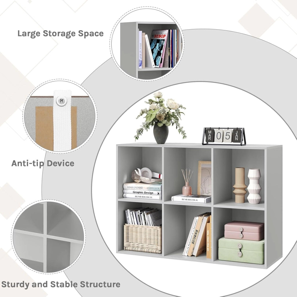 Libreria con 6 Cubi, Scaffale per Libri, Libreria Verticale per Camera da Letto, Soggiorno, Studio, Ufficio, Legno Ingegnerizzato, Grigio, 59.6x29x89cm