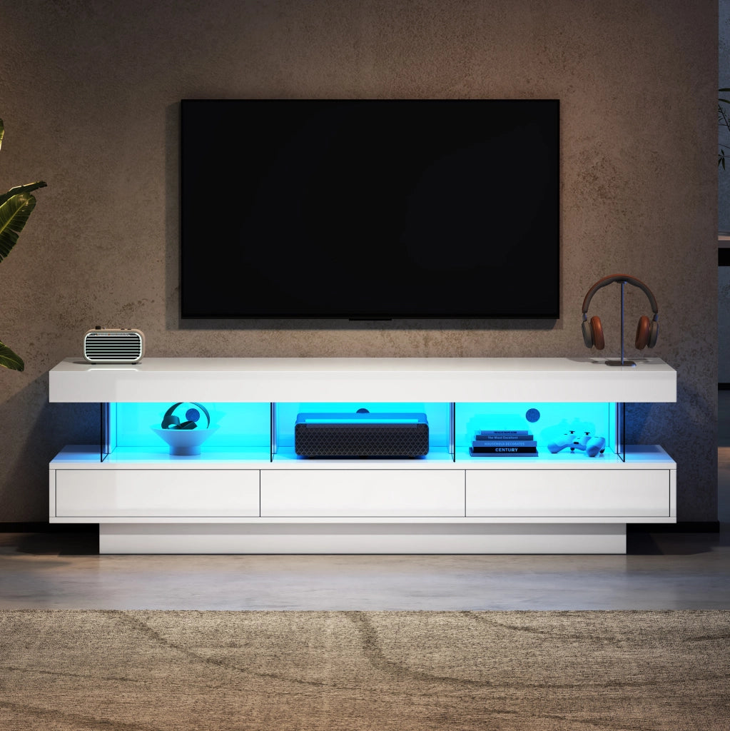 Mobile porta televisore bianco lucido con 3 vani in vetro, LED e comando Bluetooth