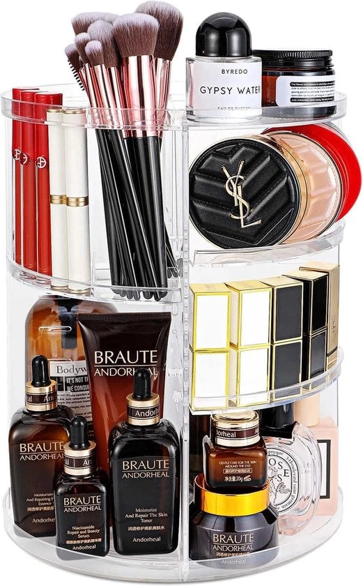 Organizzatore di cosmetici da trucco, girevole 360 gradi, 7 livelli regolabili, grande capacità, organizzatore di trucco, cassa di conservazione del trucco per armadi, camera da letto, bagno, trasparente