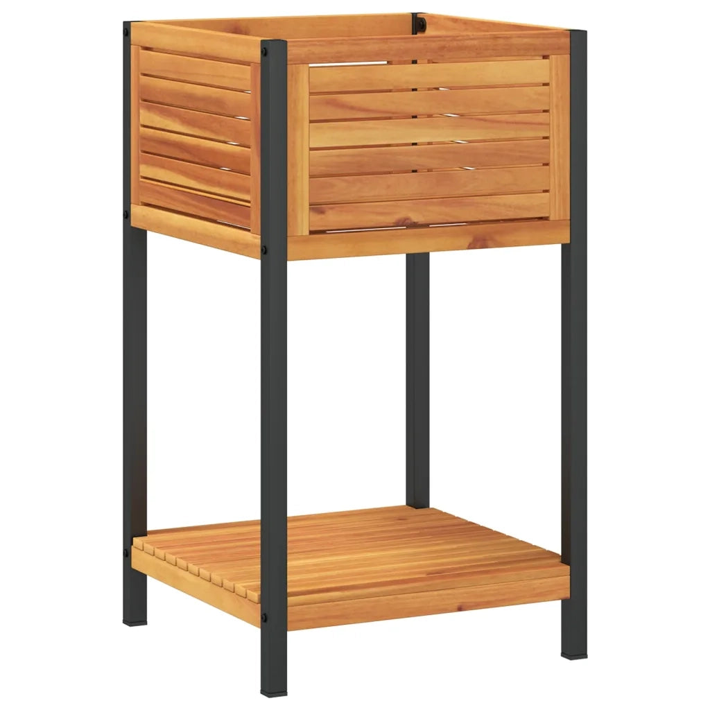 Fioriera | Cassetta per fiori | Vaso con Ripiano 45x45x80 cm in Legno Acacia e Acciaio