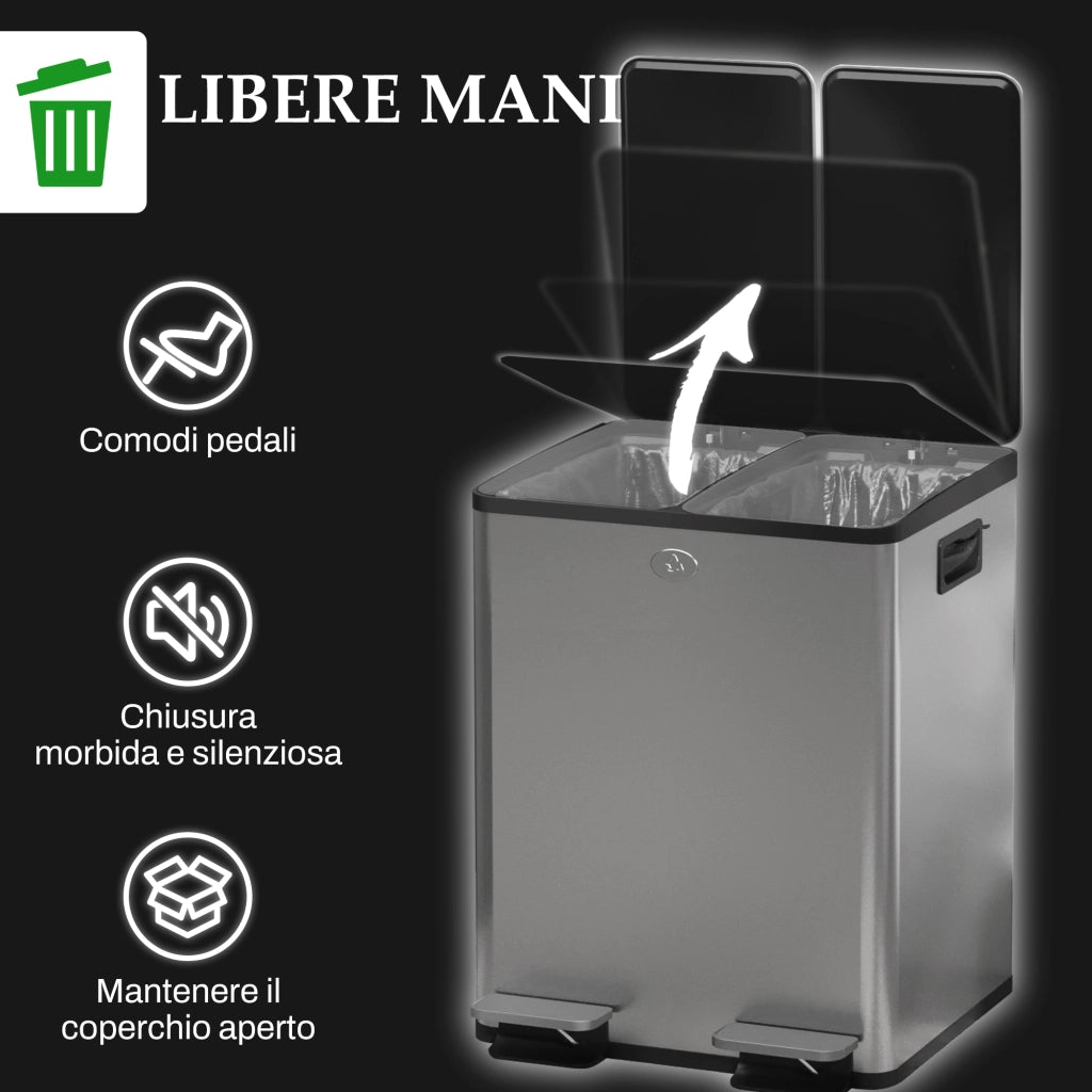 Bidone Immondizia 2 Sezioni ¨C Minimal ¨C Acciaio Inox PP 45.8x36x51.6 cm