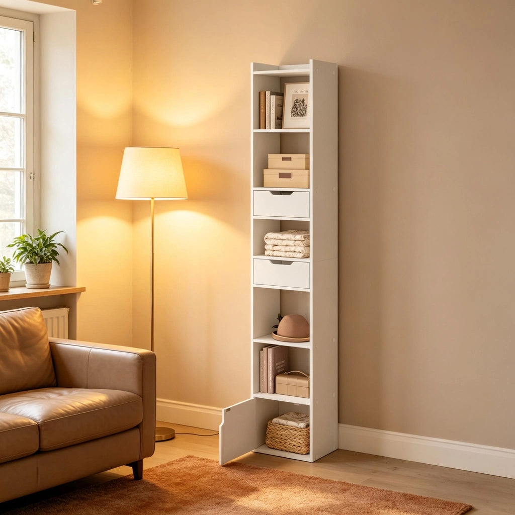 Libreria 33x24x181 cm con 6 ripiani e 2 cassetti in legno bianco