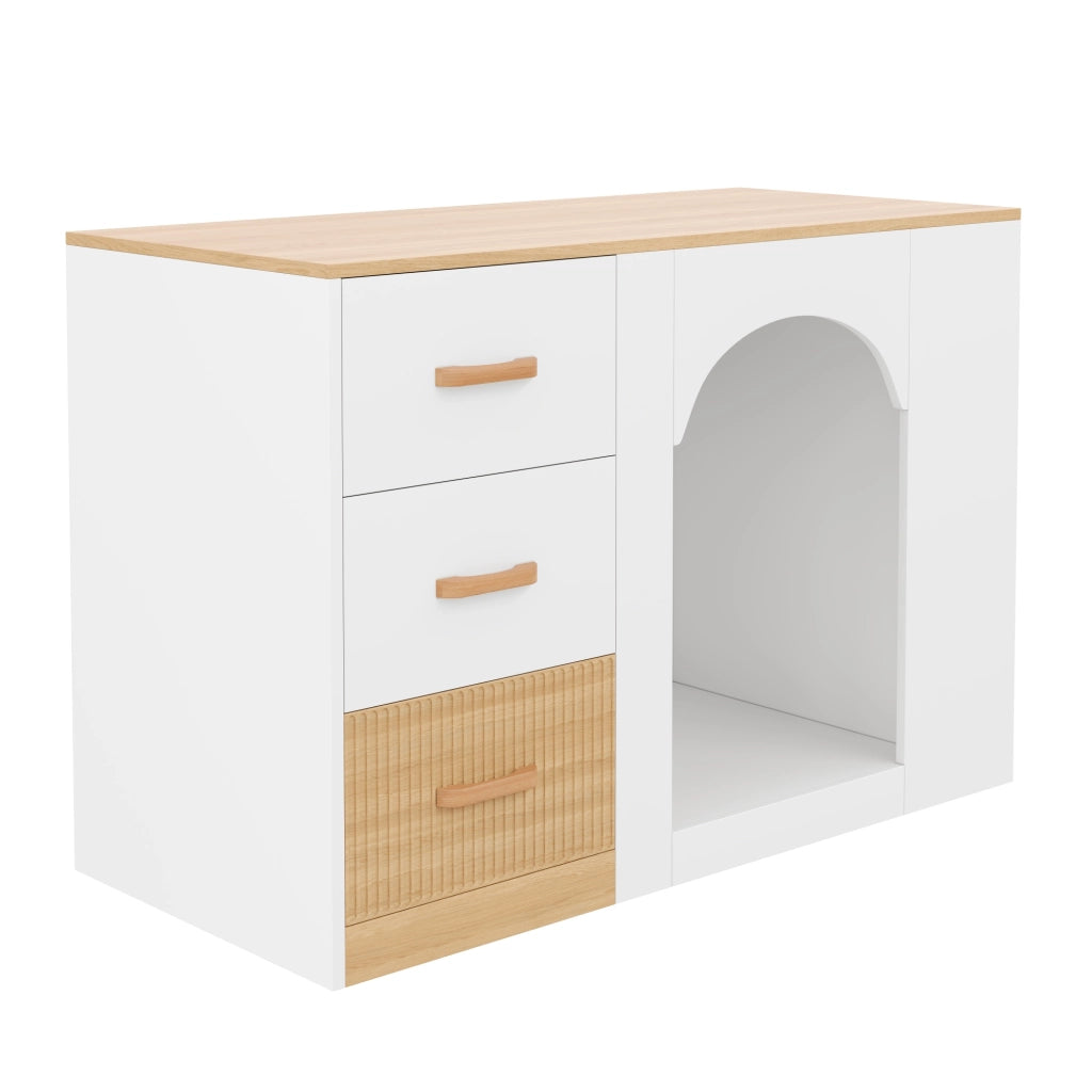 Isola da Cucina 120×60×90 cm con 3 Cassetti; 2 Ripiani Laterali e Zona Riposo per Animali; Bianca Legno