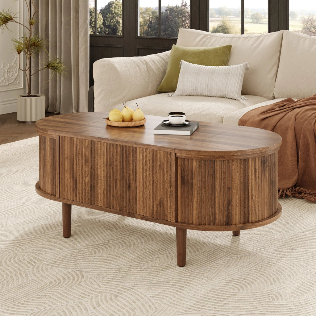 Tavolino basso sollevabile con vani apribili e piano rialzabile, per soggiorno, in MDF, noce, 100 × 48 × 53,5 cm