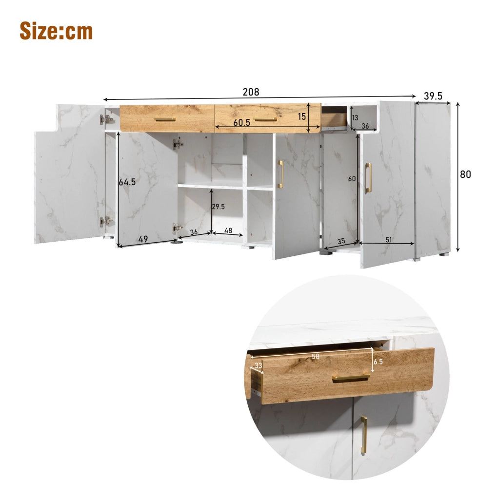 Credenza moderna bianco marmorizzato 208 x 39;5 x 80 cm con 4 ante e 2 cassetti