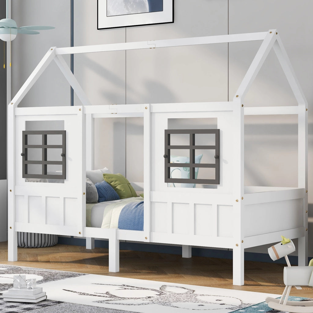 Letto a casa singolo bianco con funzione letto giornaliero e due finestre