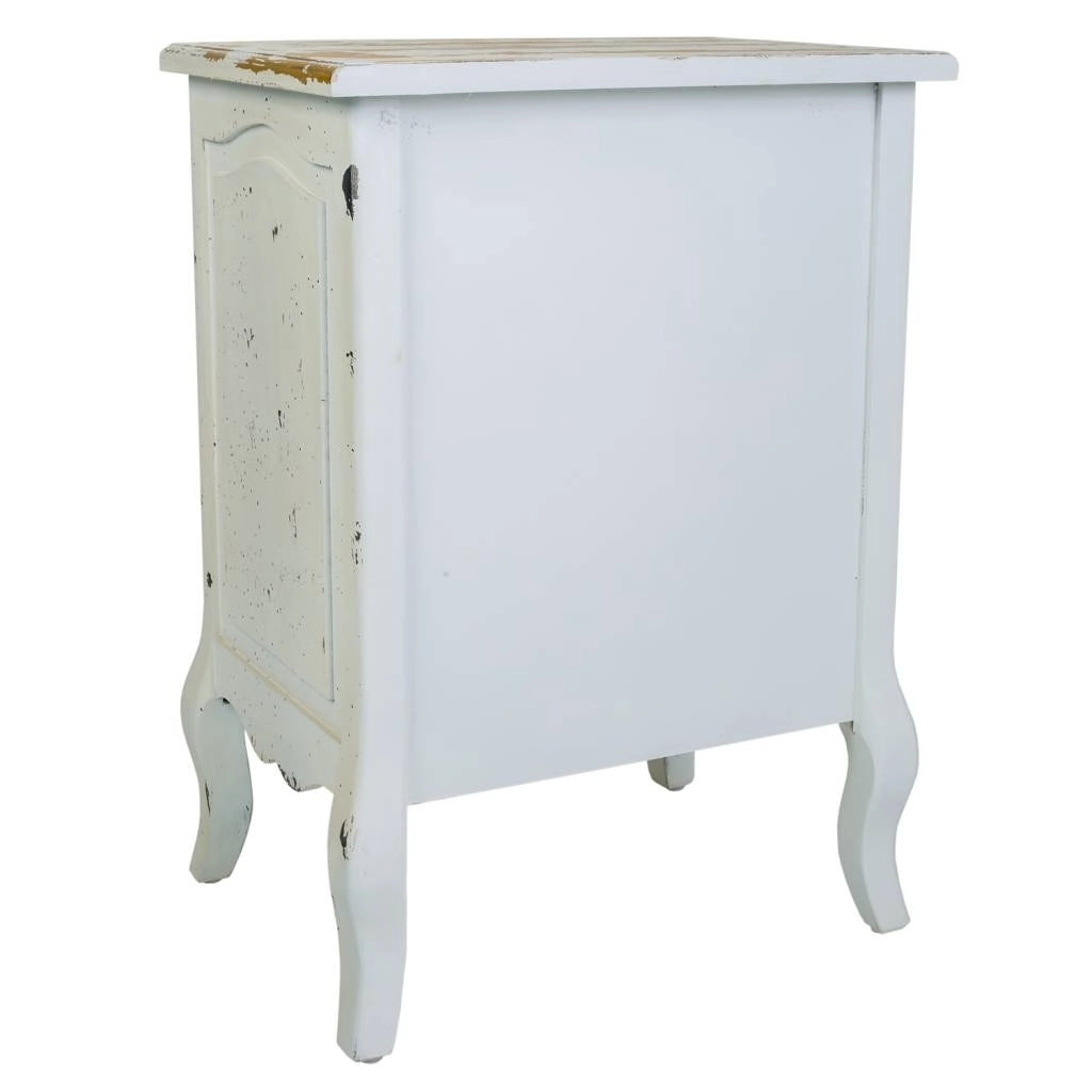 Comodino in legno laccato bianco invecchiato, dimensioni 50x40x70 cm.