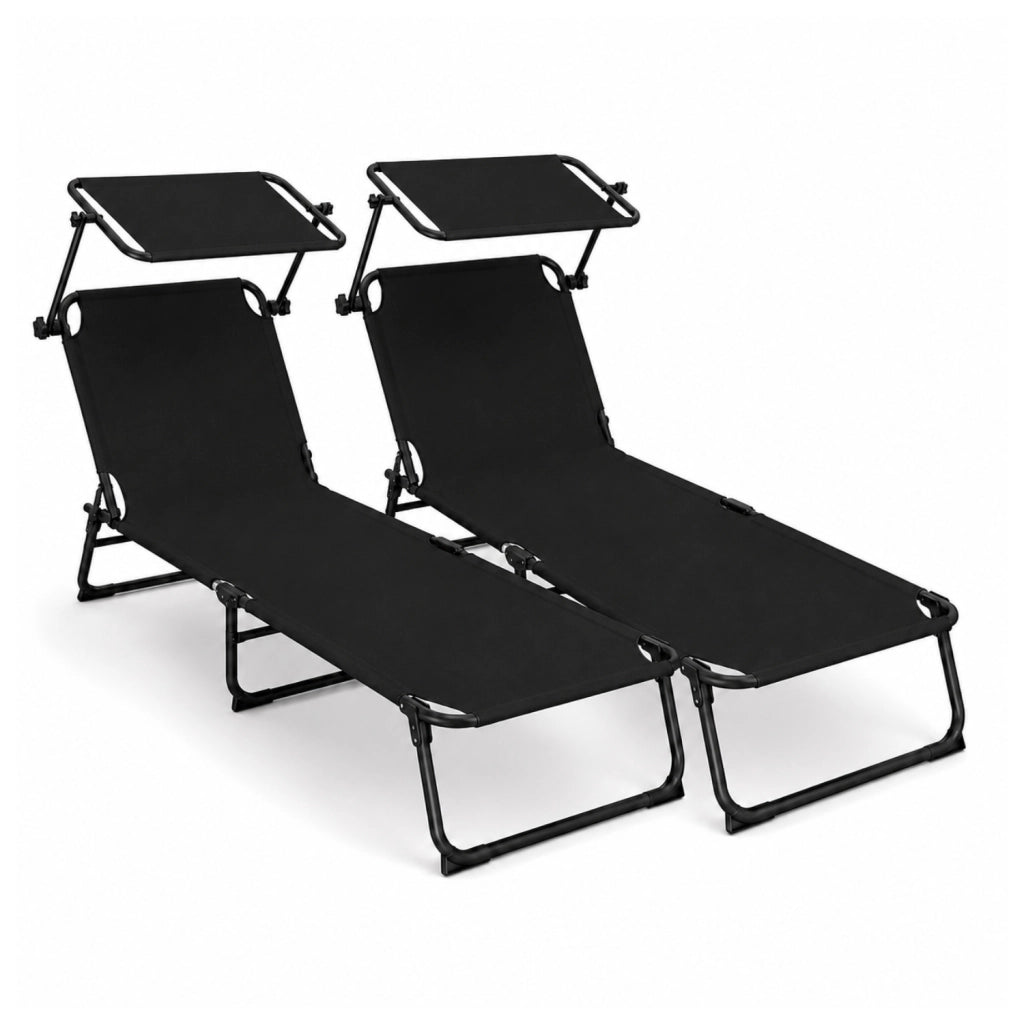 Set 2 Lettini Mare Pieghevoli Struttura In Acciaio Traspirante Con Schienale Reclinabile E Tettuccio Parasole Regolabile Ideali Per Spiaggia Giardino Campeggio Relax Estivo 24 X 187 X 53 Cm Nero