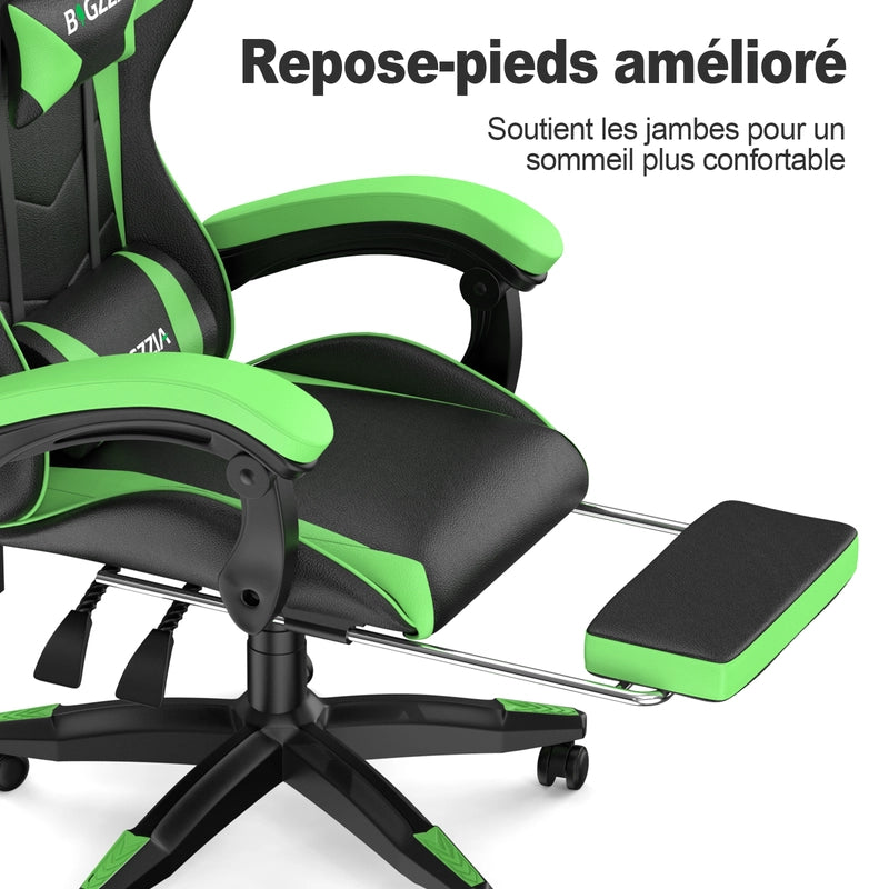 Sedia da gioco,  Sedia da gioco ergonomica in pelle PU, regolabile in altezza, con poggiatesta e supporto lombare, poggiapiedi,Nero Verde