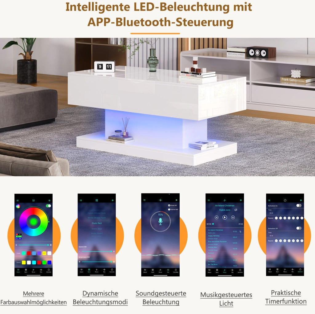 Tavolino da caffè con sollevamento idraulico e LED 100x50x45 cm