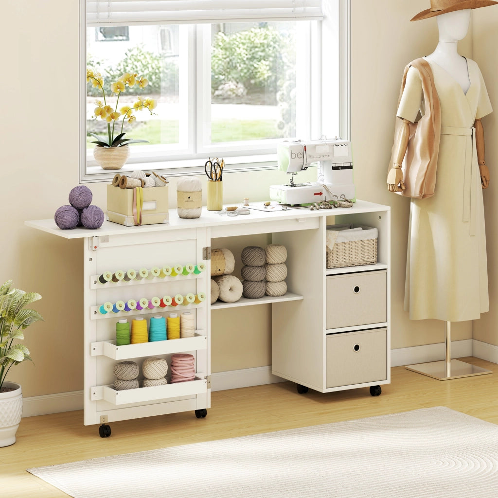 Tavolo da cucito pieghevole ¨C zephmum ¨C con cassetti e ruote bianco