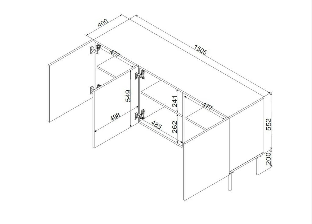Credenza Vigasio, Madia da salotto con tre ante battenti, Rialzata da terra, 151x40 h75 cm, Bianco