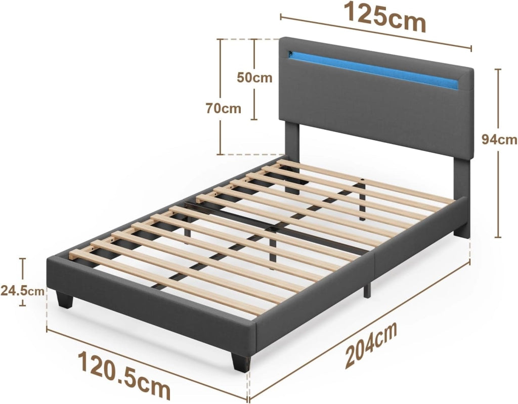 Letto imbottito 120x200cm con luce LED, Letto a piattaforma imbottito, Struttura in ferro, Testiera imbottita, Bse robusta, Adatto per camere degli ospiti (Grigio scuro)