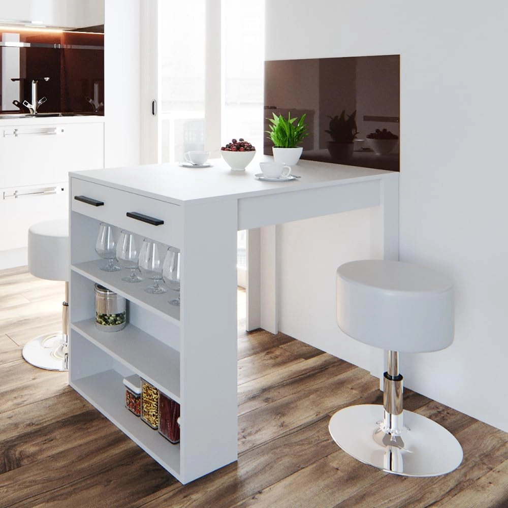 Set tavolo da pranzo Repose, Bianco, 67 x 100 cm con 2 sgabelli, adatto come piano di lavoro o area di appoggio aggiuntiva