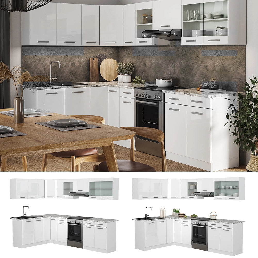 Vicco Cucina ad angolo Bianco/bianco lucido 267 x 167 cm , PL Marmo con striscia LED
