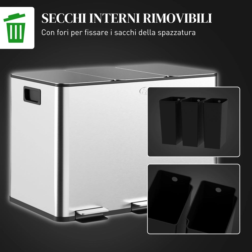 Pattumiera Differenziata30L con 3 Scomparti a Chiusura Silenziosa, in Acciaio Inox e PP, 49.6x34.5x38.6 cm, Argento