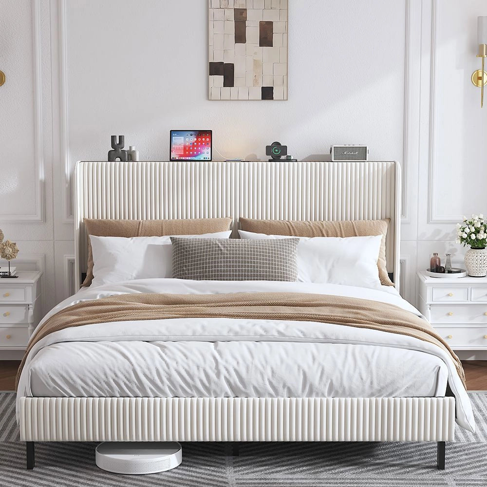 Letto Contenitore Imbottito 180x200cm - Xylo - Testiera Tessuto con Design Bordi Arrotondati