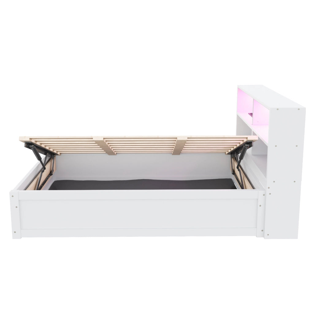 OKWISH Letto a divano 90×200 cm, Letto Singolo con Multipresa, 4 Vani Portaoggetti e LED, senza Materasso, in Legno, Bianco