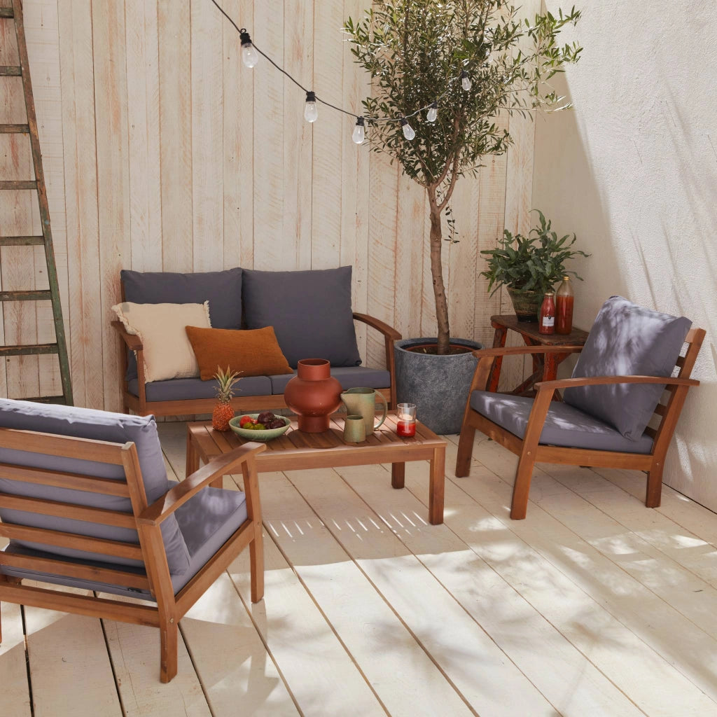 Salotto da giardino in legno, 4 posti, marrone naturale